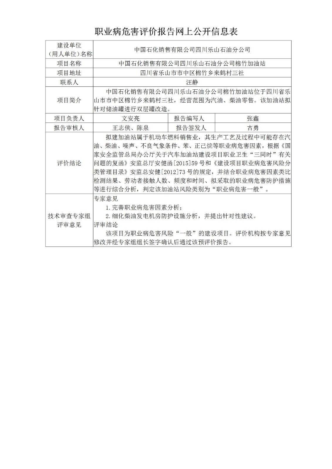 中国石化销售有限公司四川乐山石油分公司棉竹加油站职业病危害预评价