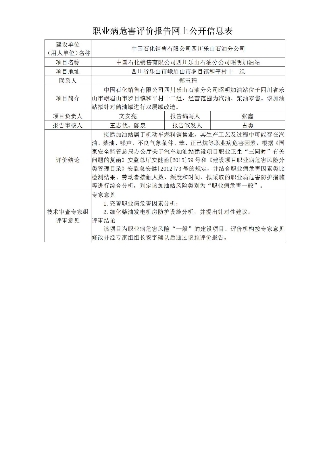 中国石化销售有限公司四川乐山石油分公司昭明加油站职业病危害预评价