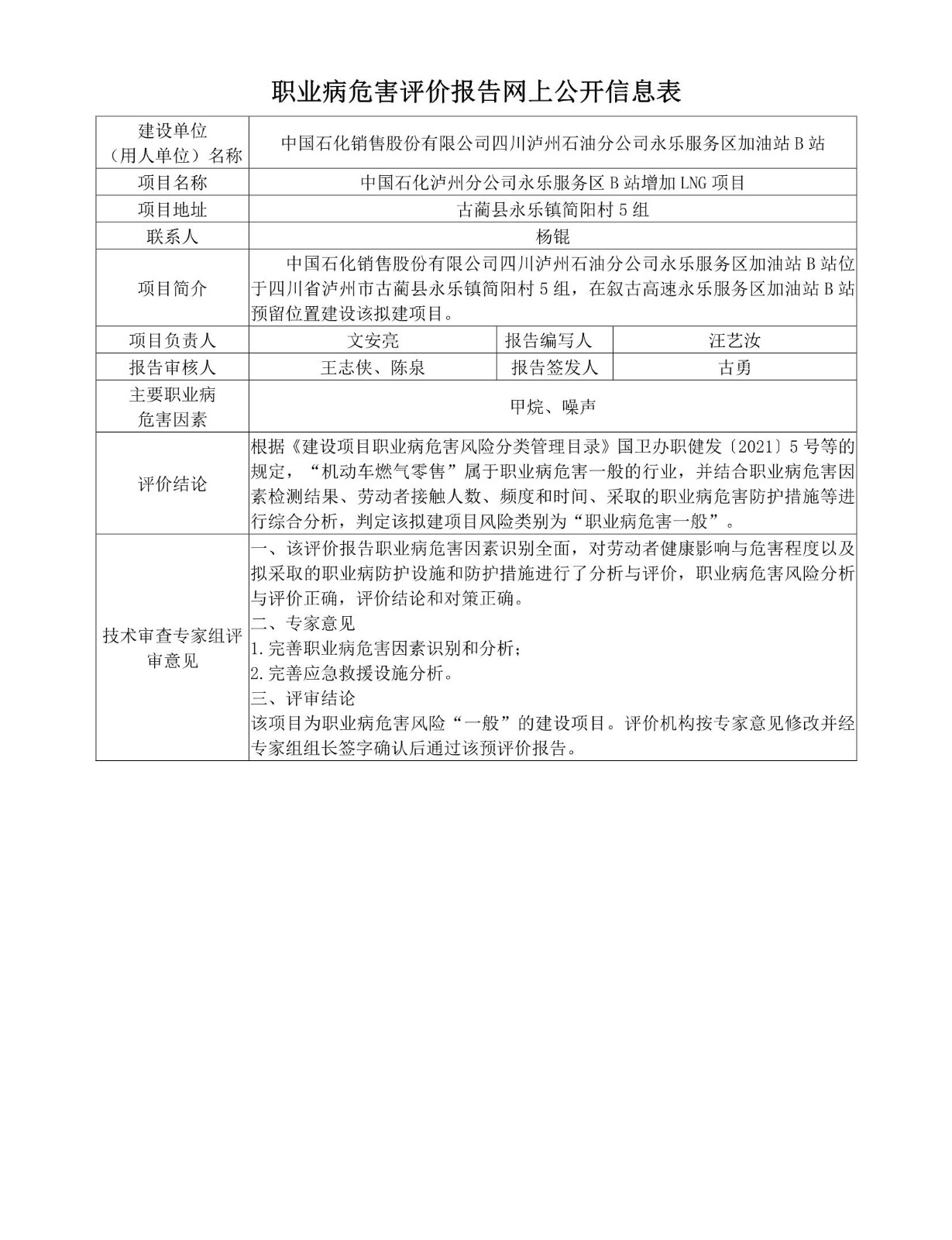 中国石化泸州分公司永乐服务区B站增加LNG项目职业病危害预评价
